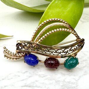 Winard 12K Gold Filled Gemstone Scarab Brooch W/ Filigree Designer Signed Vintag